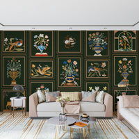 Entryway feature wall with panel wallpaper, neat sections and floral detail