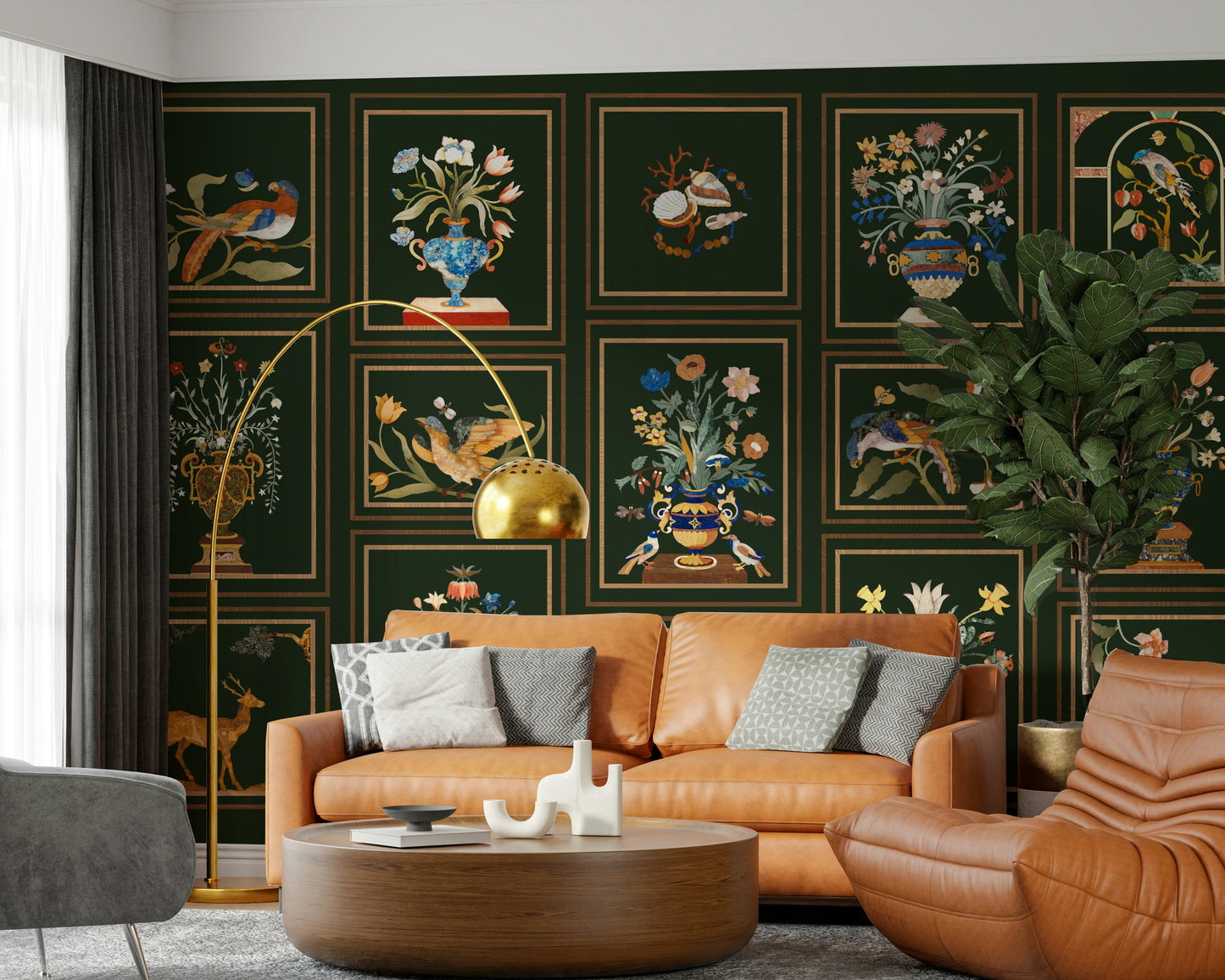 Reception wall with Floral & Fauna Panels wallpaper, modern home styling and panel design