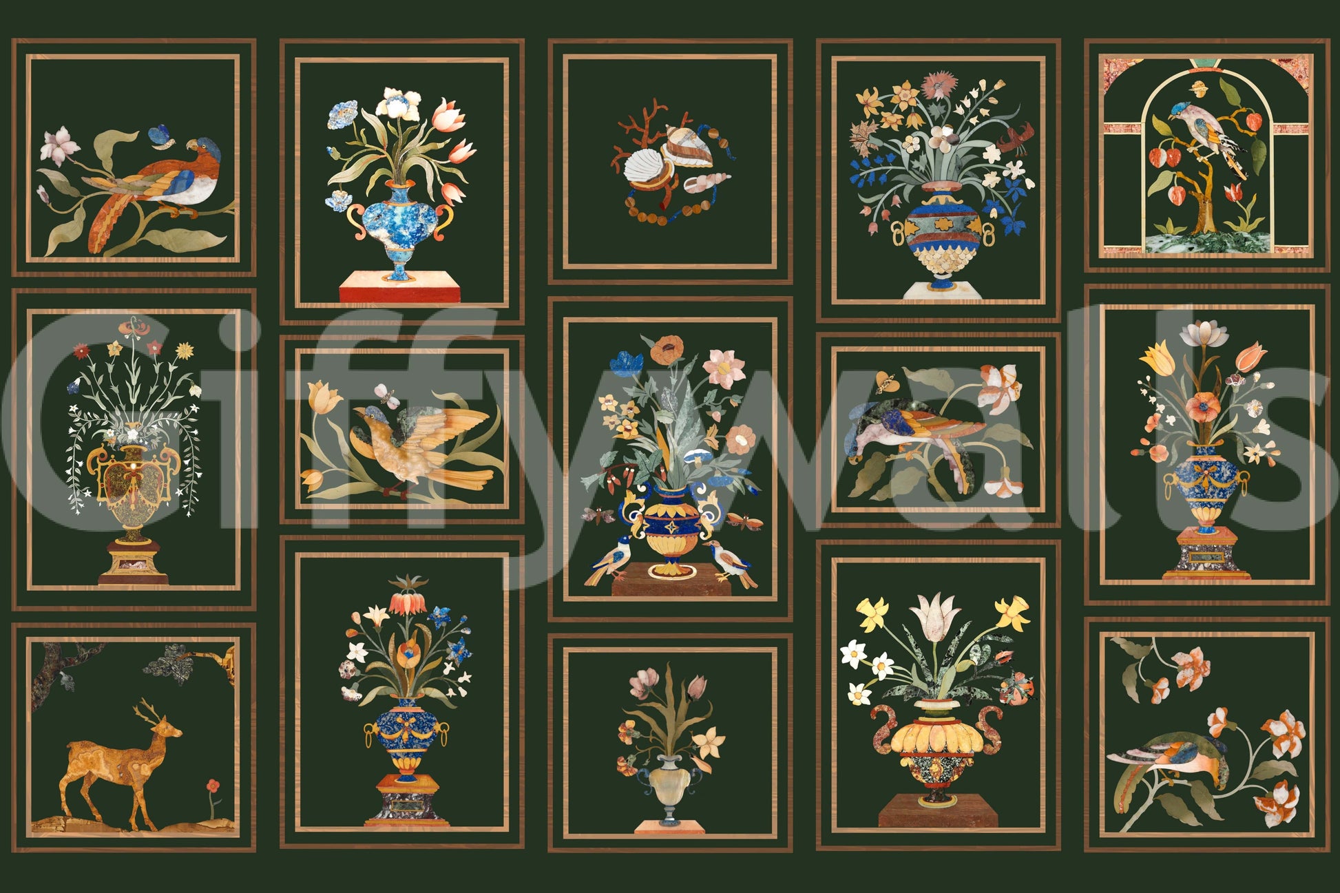 Sitting area feature wall with floral panel mural, structured wall styling and soft colours