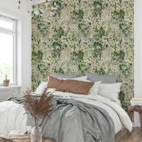 A bedroom decorated with a vintage floral mural

