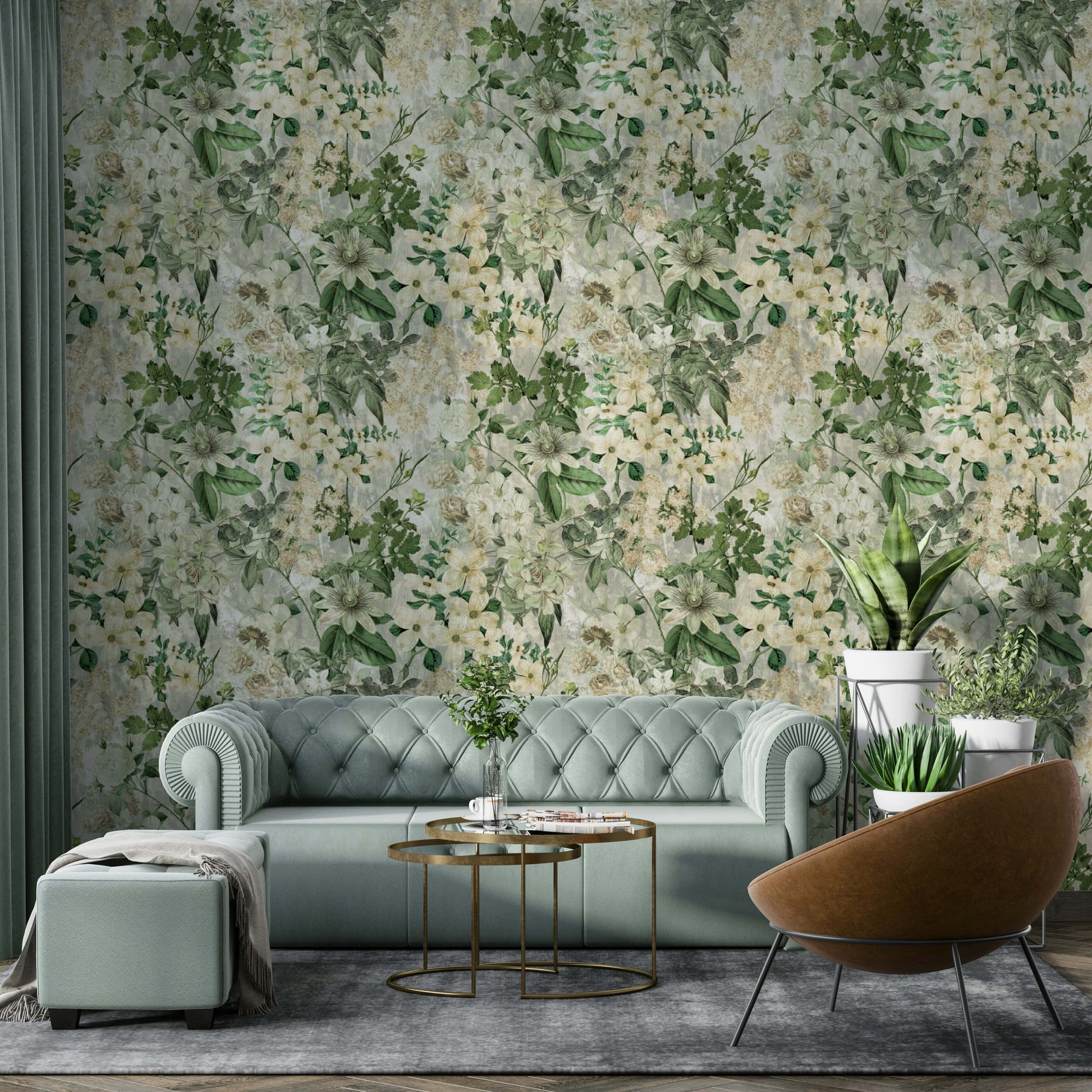 Vintage Bloom Canvas Wallpaper on a living room wall

