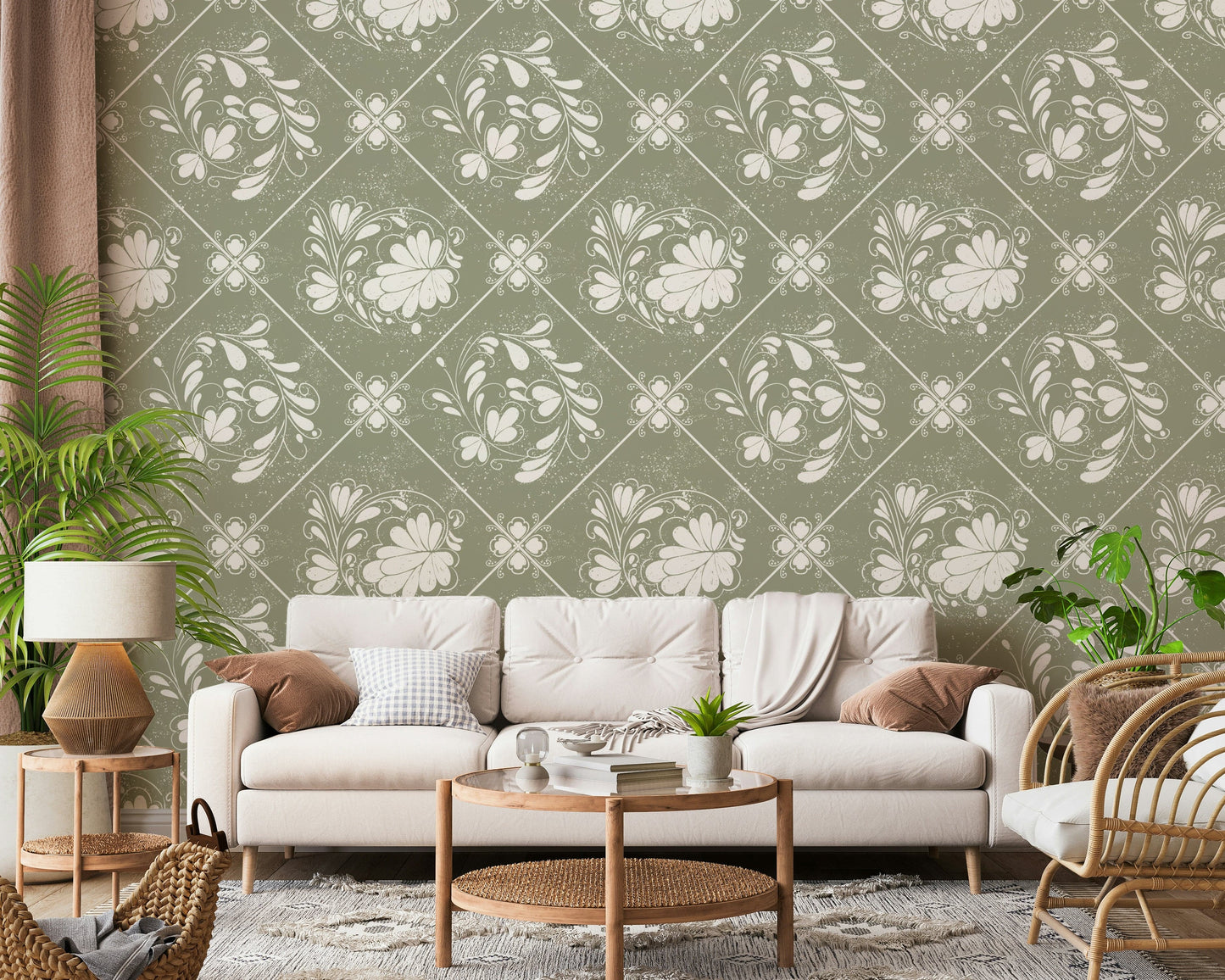 Distressed floral geometric wallpaper in guest room, calm backdrop with layered neutrals