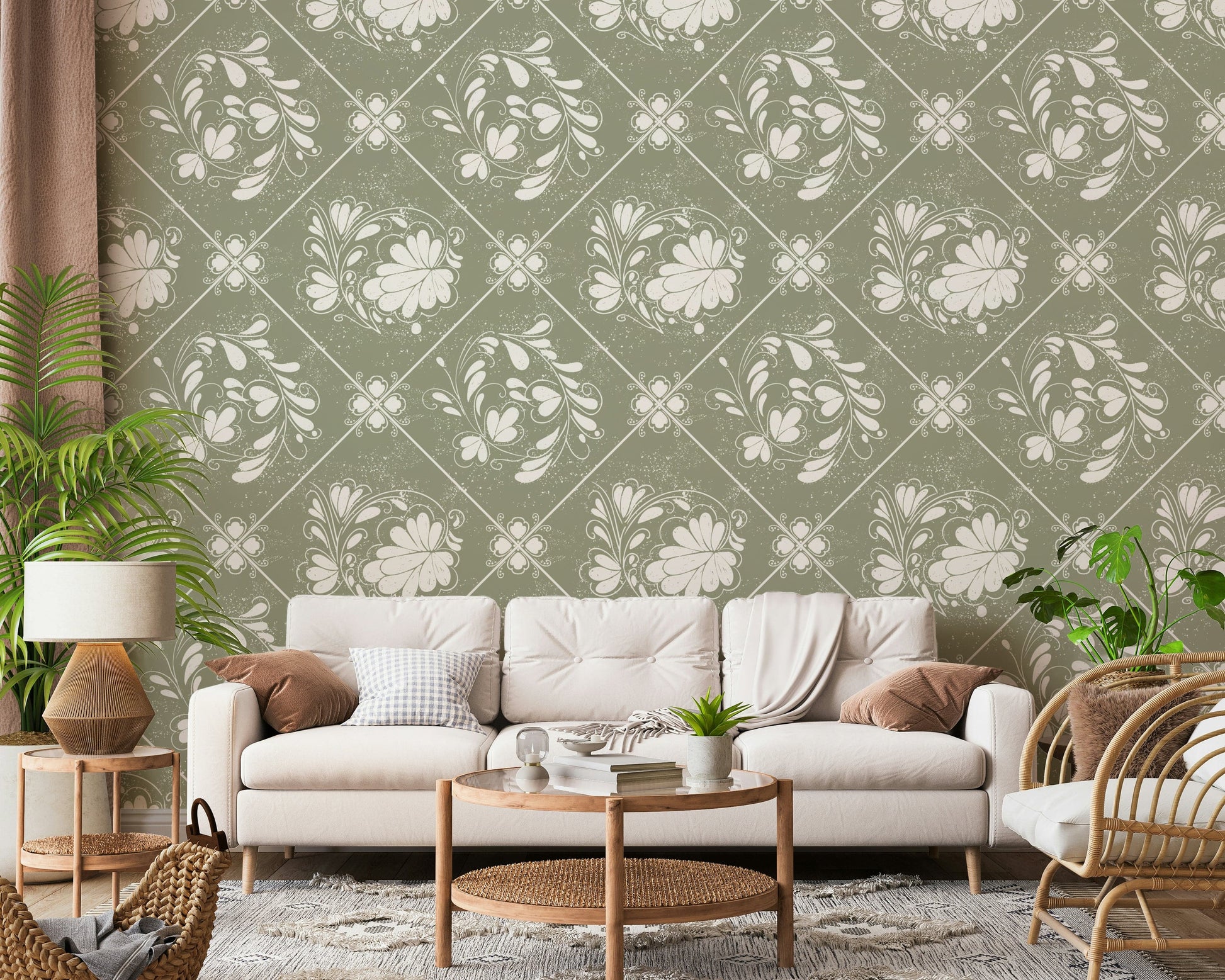 Distressed floral geometric wallpaper in guest room, calm backdrop with layered neutrals