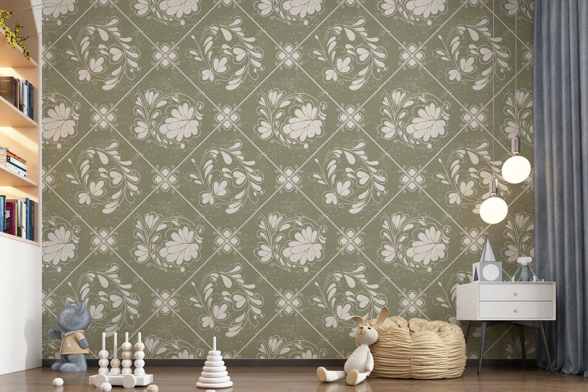 Vintage floral diamond wallpaper in bedroom, soft colours with neutral bedding and timber furniture