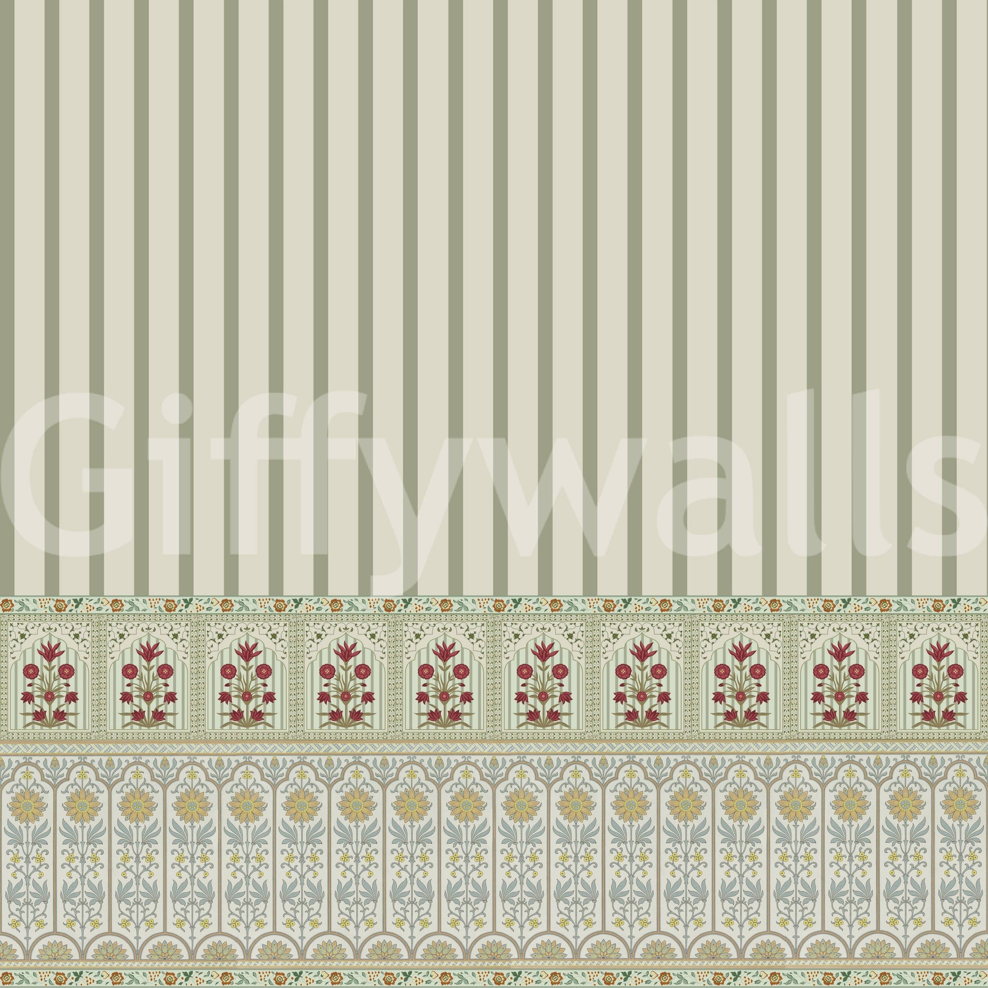 Green wallpaper mural featuring bloom stripe floral border