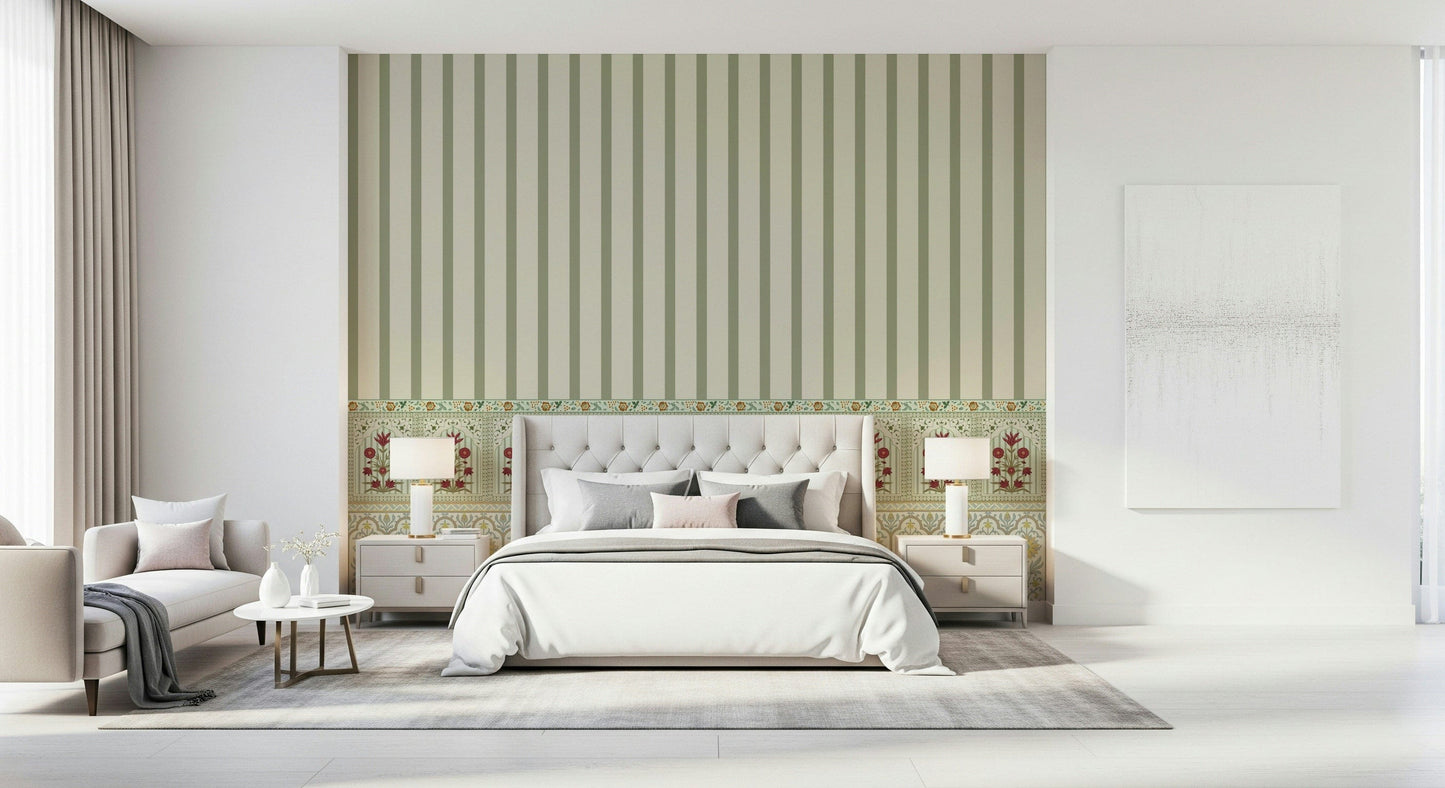 Floral wallpaper and striped wallpaper border mural detail