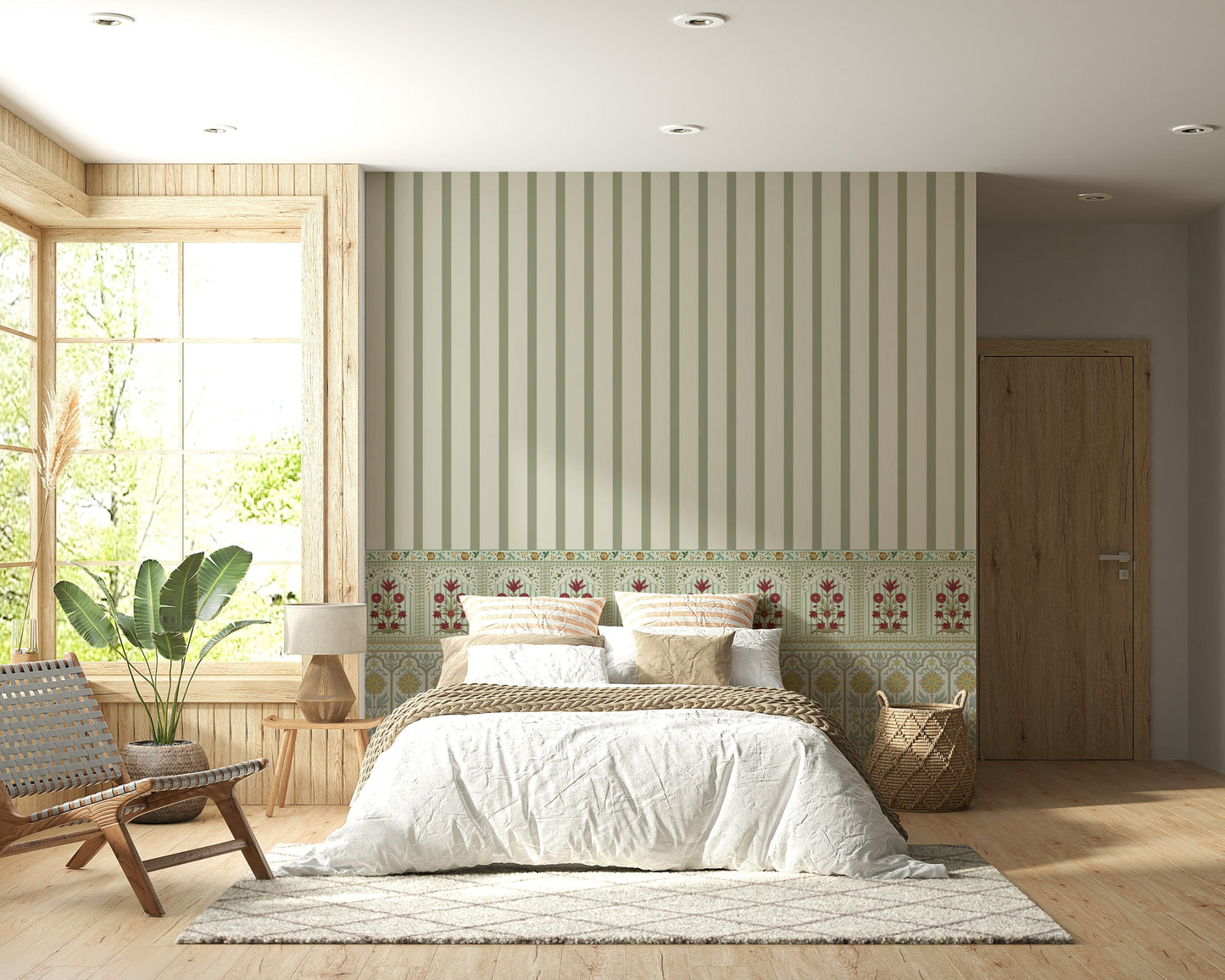 Striped wallpaper border design paired with floral wallpaper elements
