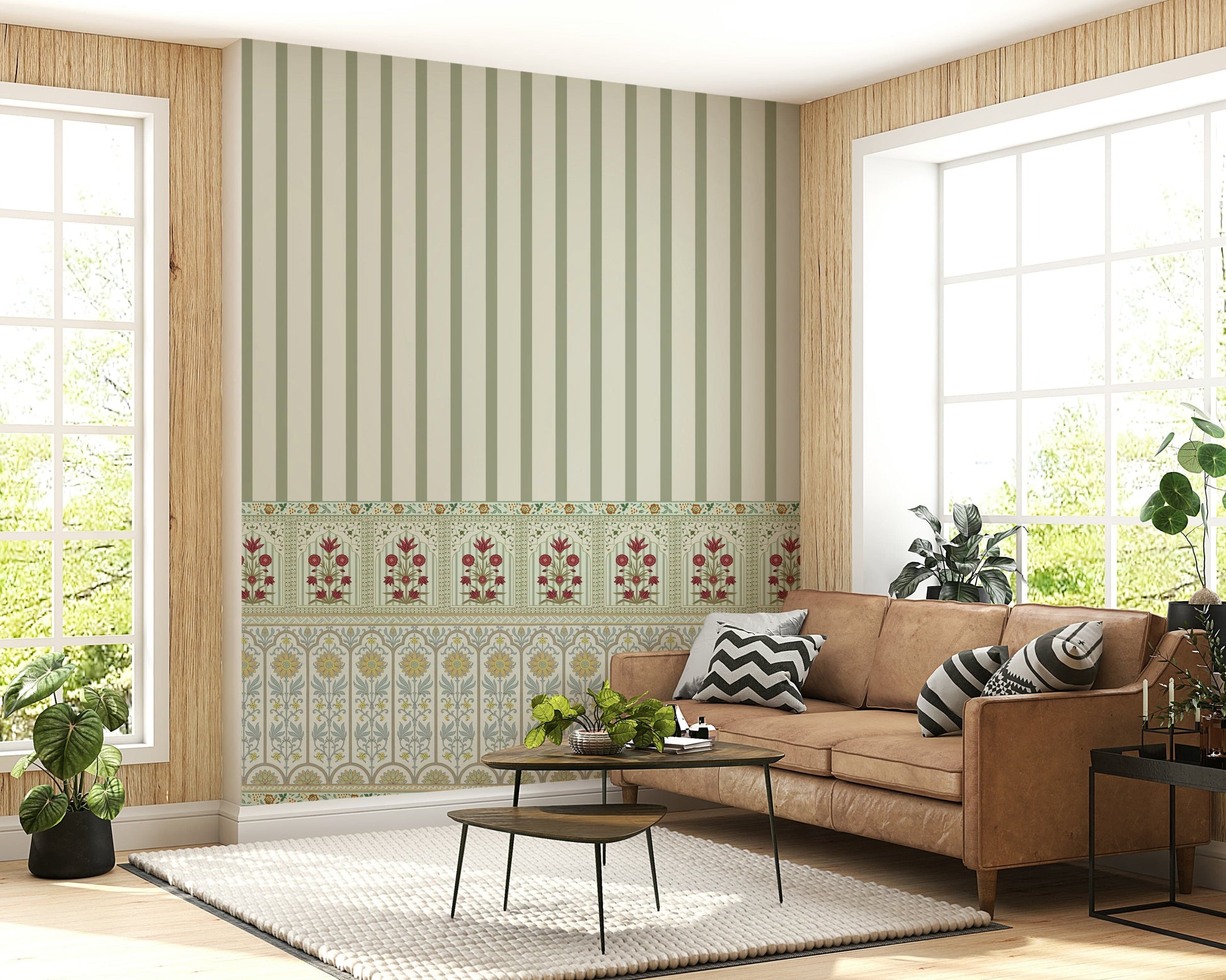 Bloom stripe border mural suited for living spaces with green wallpaper style