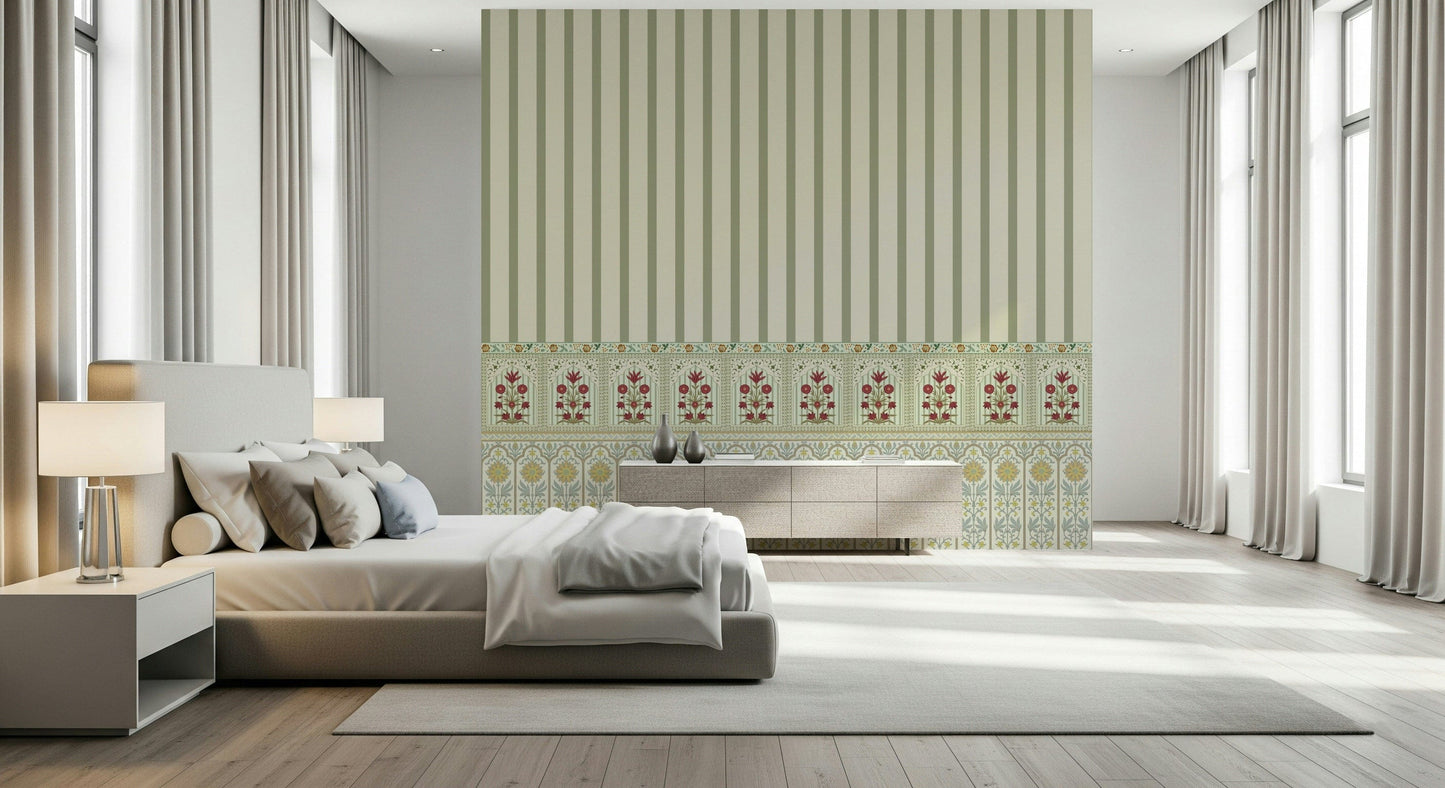 Floral wallpaper border mural with calm striped wallpaper layout