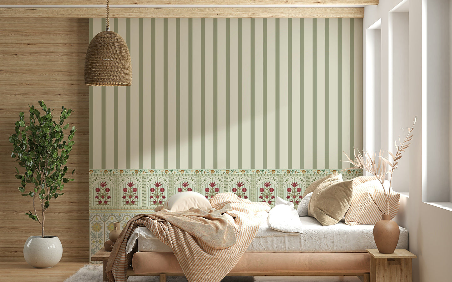 Bloom stripe wall mural showcasing green wallpaper accents