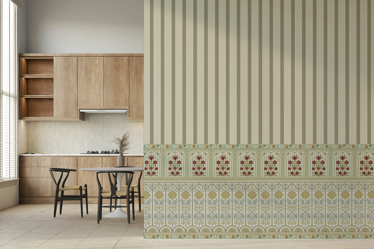 Green wallpaper mural with bloom stripe detailing for modern interiors
