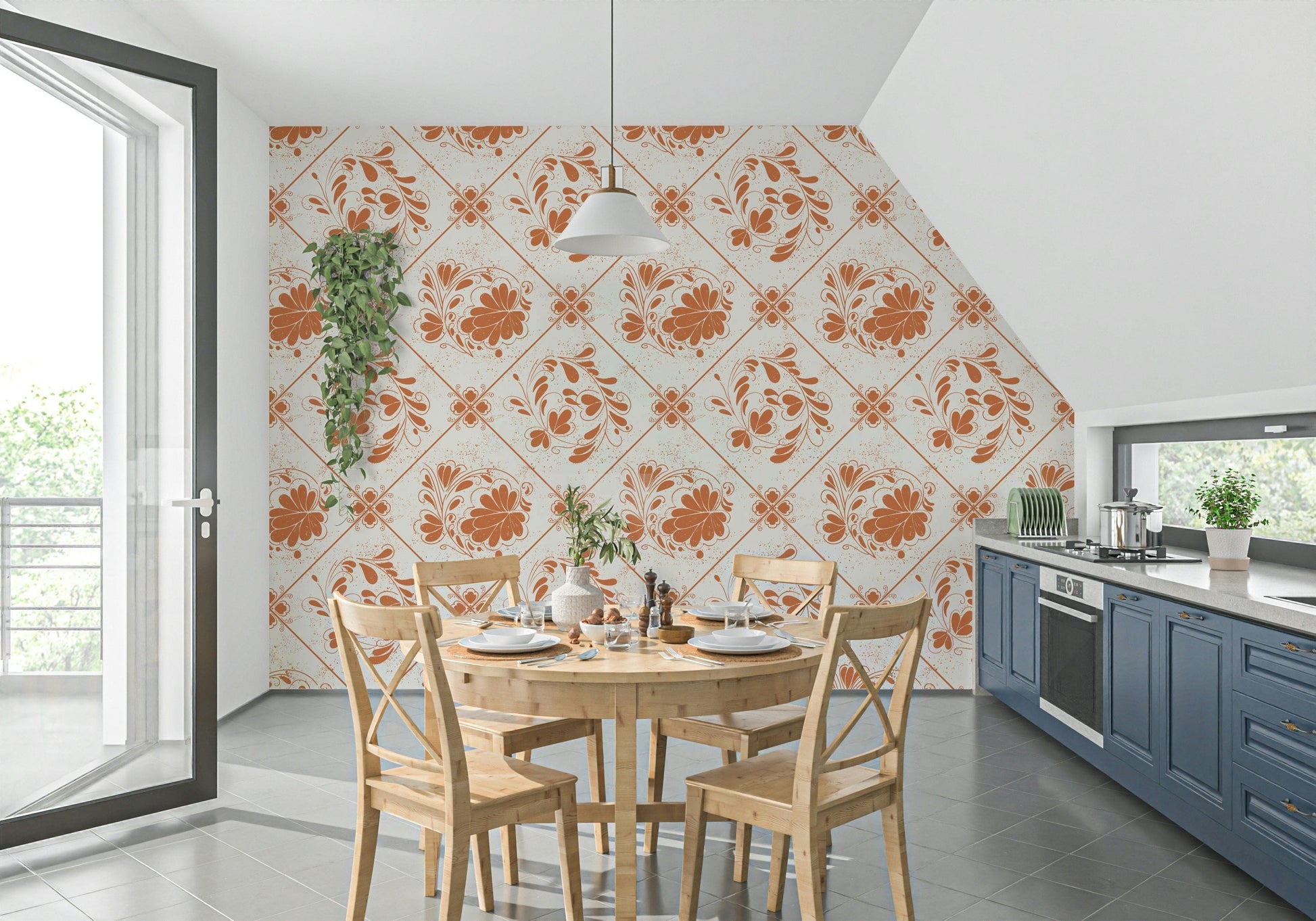 Floral squares wallpaper for kids room, gentle colours, light distressed pattern for home styling