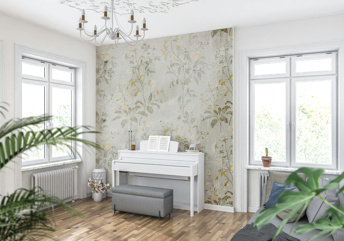 Botanical Whispers Wall Mural – Elegant botanical design with delicate leaves and greenery for a serene, nature-inspired interior.