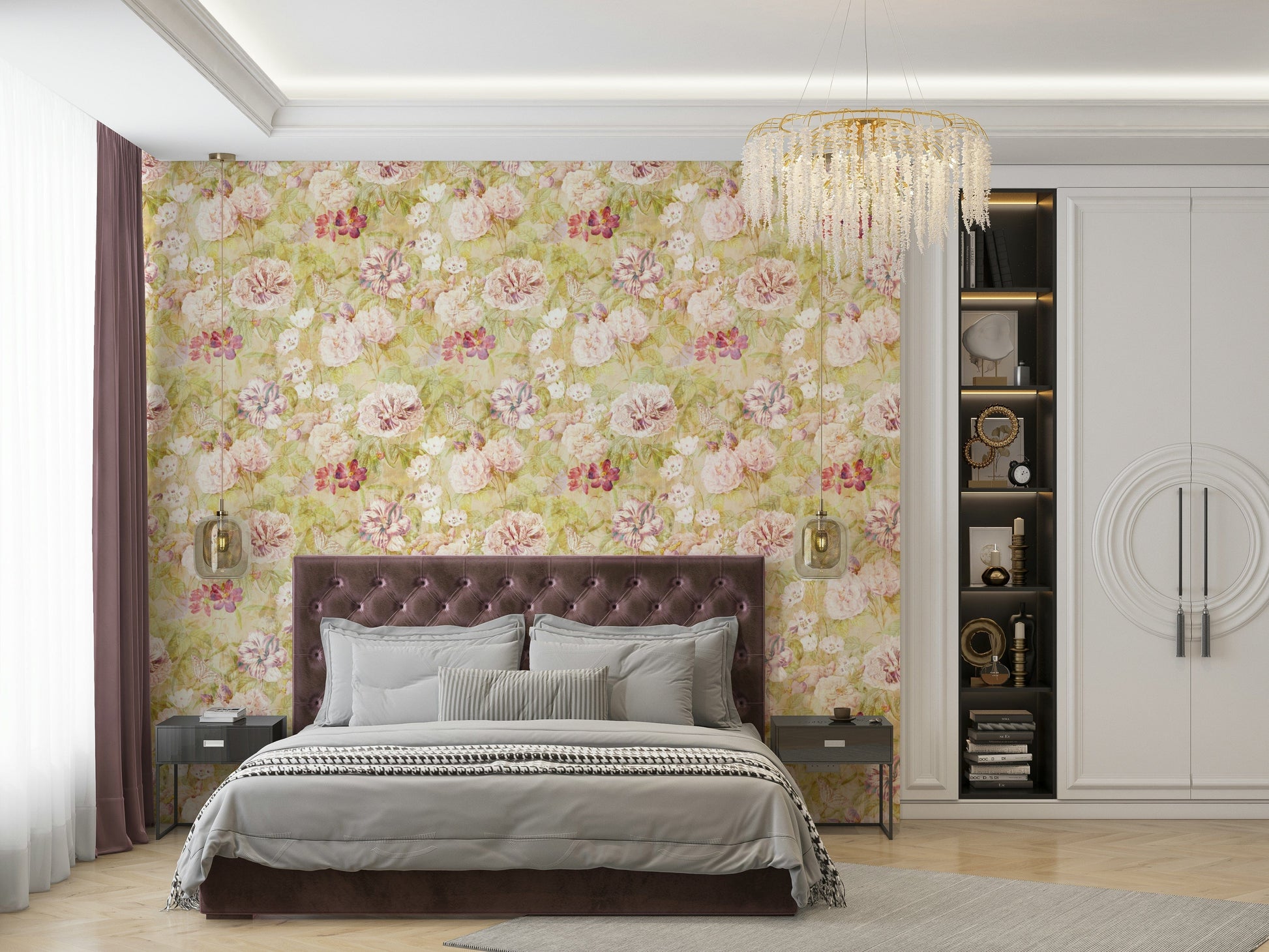A bedroom decorated with a spring plants mural

