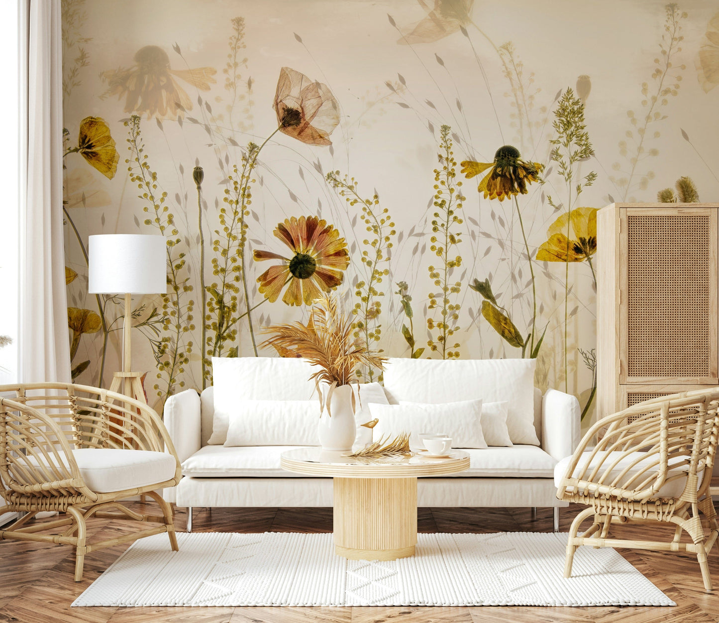 A graceful subtle bloom wall mural in soft, elegant tones.


