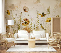 A graceful subtle bloom wall mural in soft, elegant tones.

