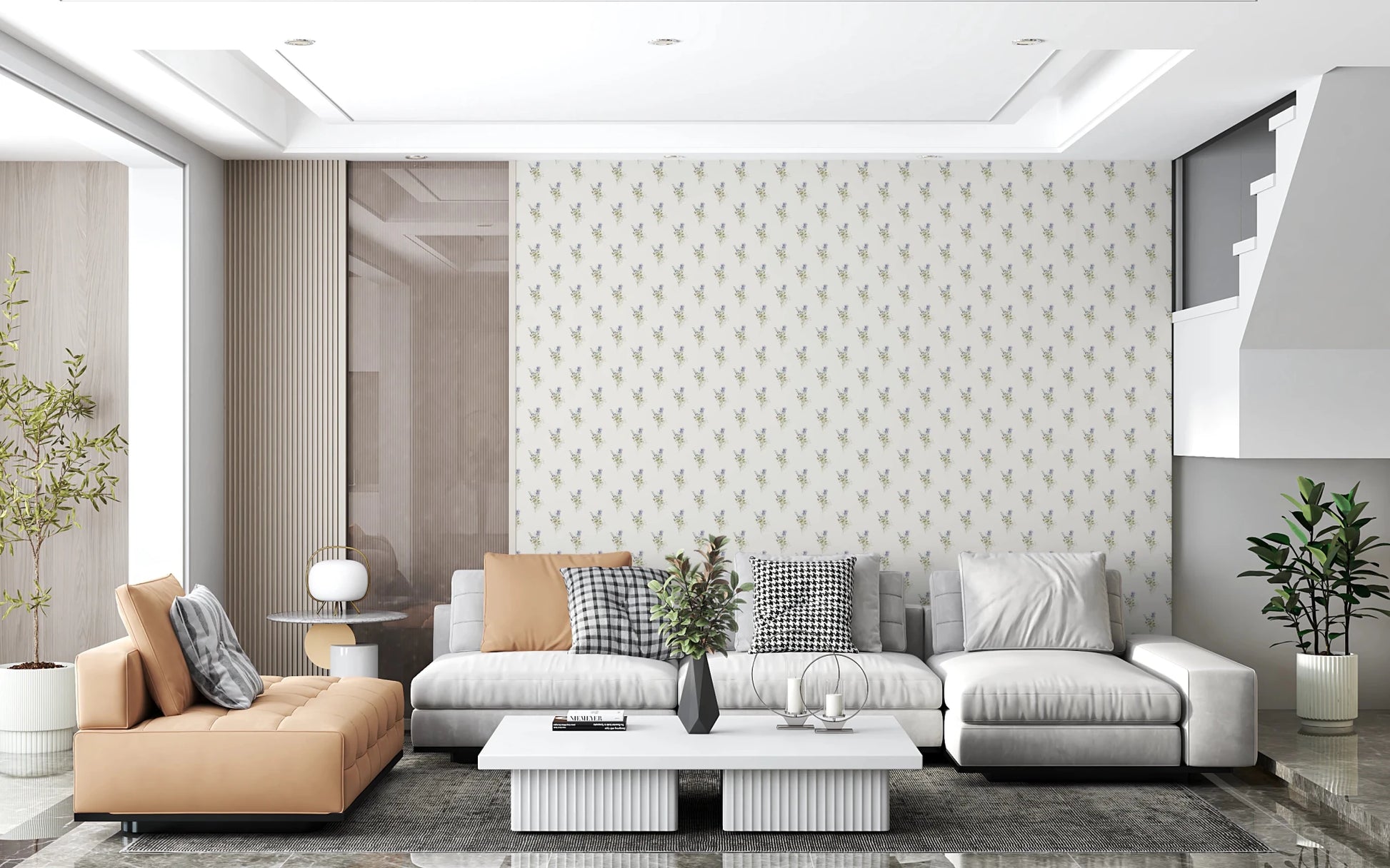 Vintage Floral Whispers wallpaper mural in a modern living room with a grey sectional and white coffee table