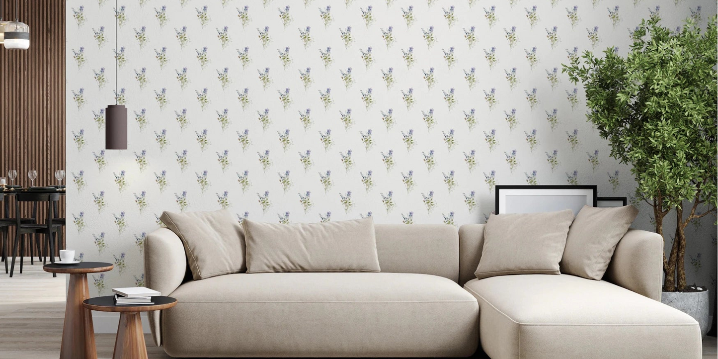 Vintage Floral Whispers wallpaper mural in a living room with a beige sectional sofa and indoor tree