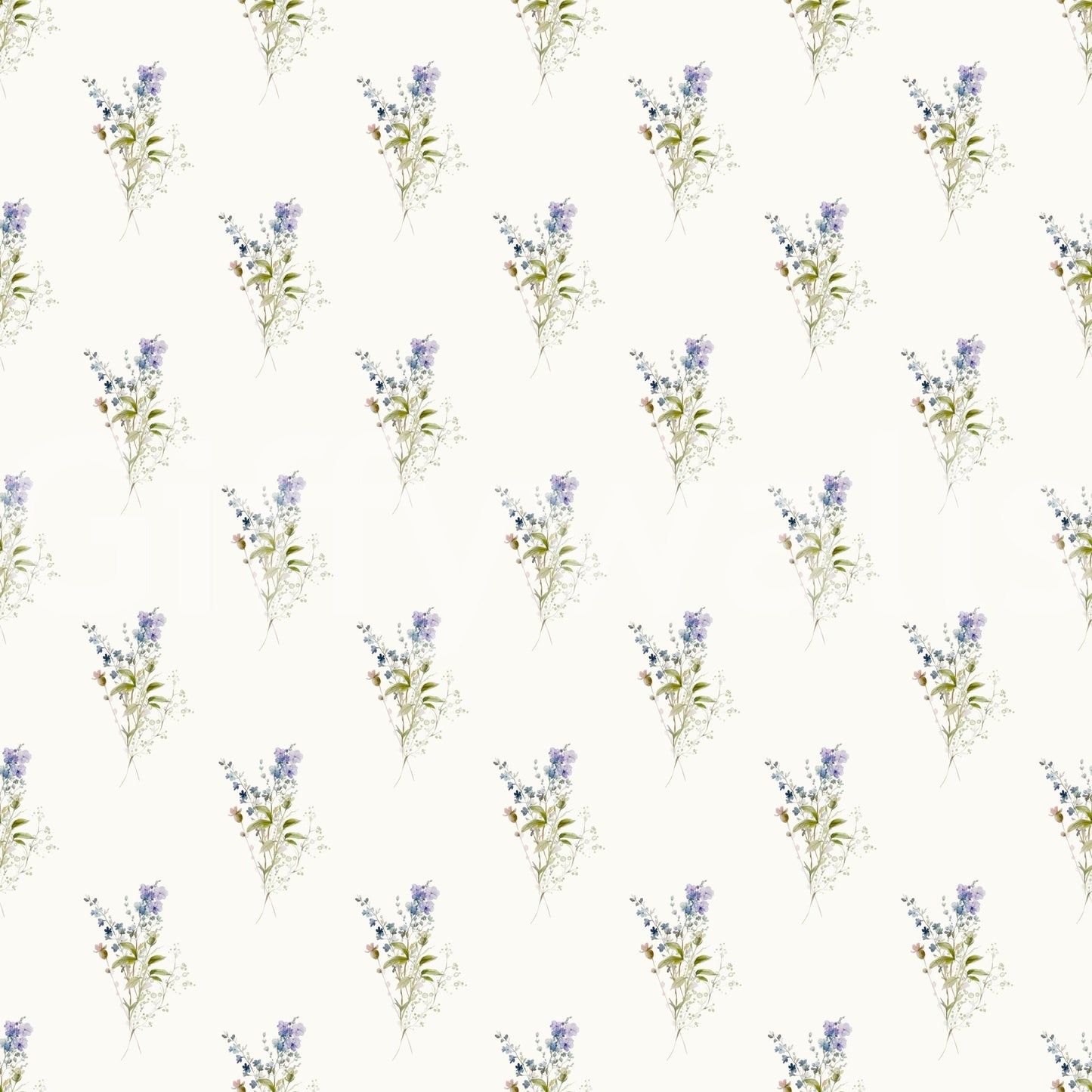 Vintage Floral Whispers wallpaper close-up showing small lavender-blue floral sprigs scattered on cream