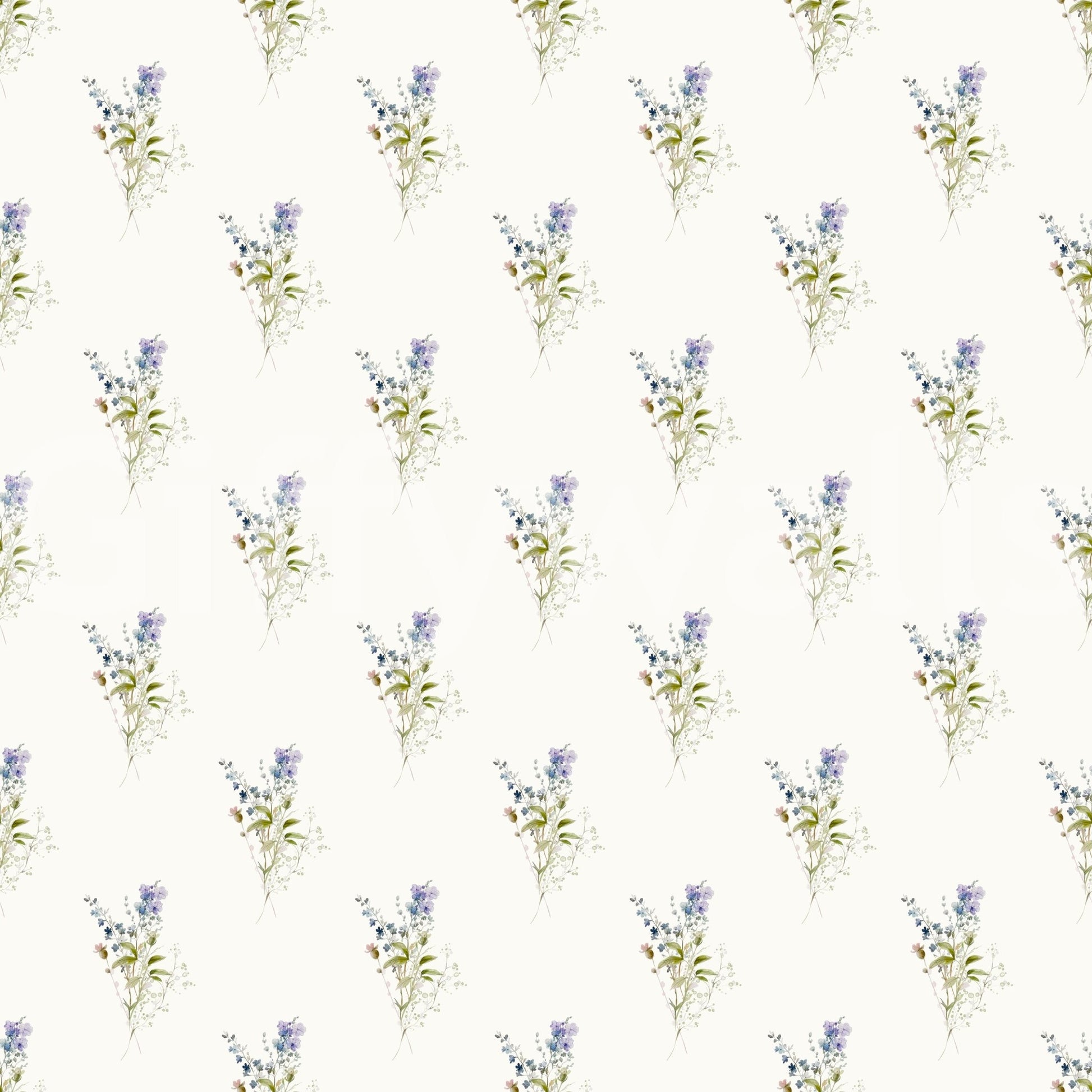 Vintage Floral Whispers wallpaper close-up showing small lavender-blue floral sprigs scattered on cream