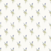Vintage Floral Whispers wallpaper close-up showing small lavender-blue floral sprigs scattered on cream
