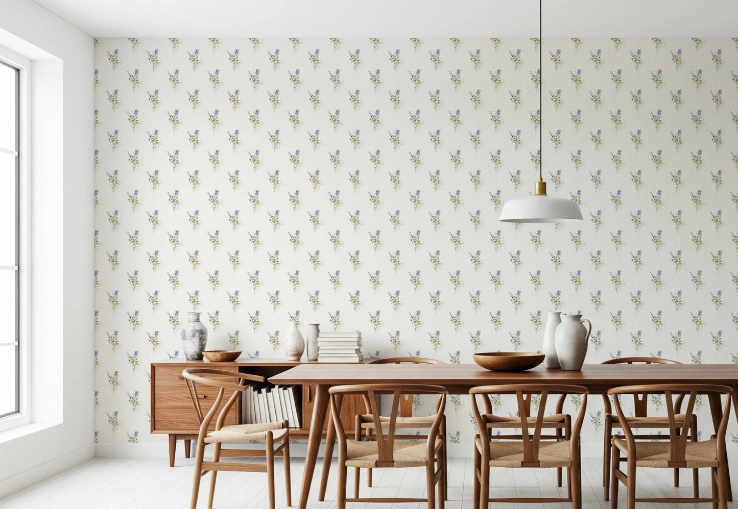 Vintage Floral Whispers wallpaper mural in a dining room with a walnut table, wishbone chairs and sideboard
