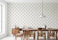 Vintage Floral Whispers wallpaper mural in a dining room with a walnut table, wishbone chairs and sideboard