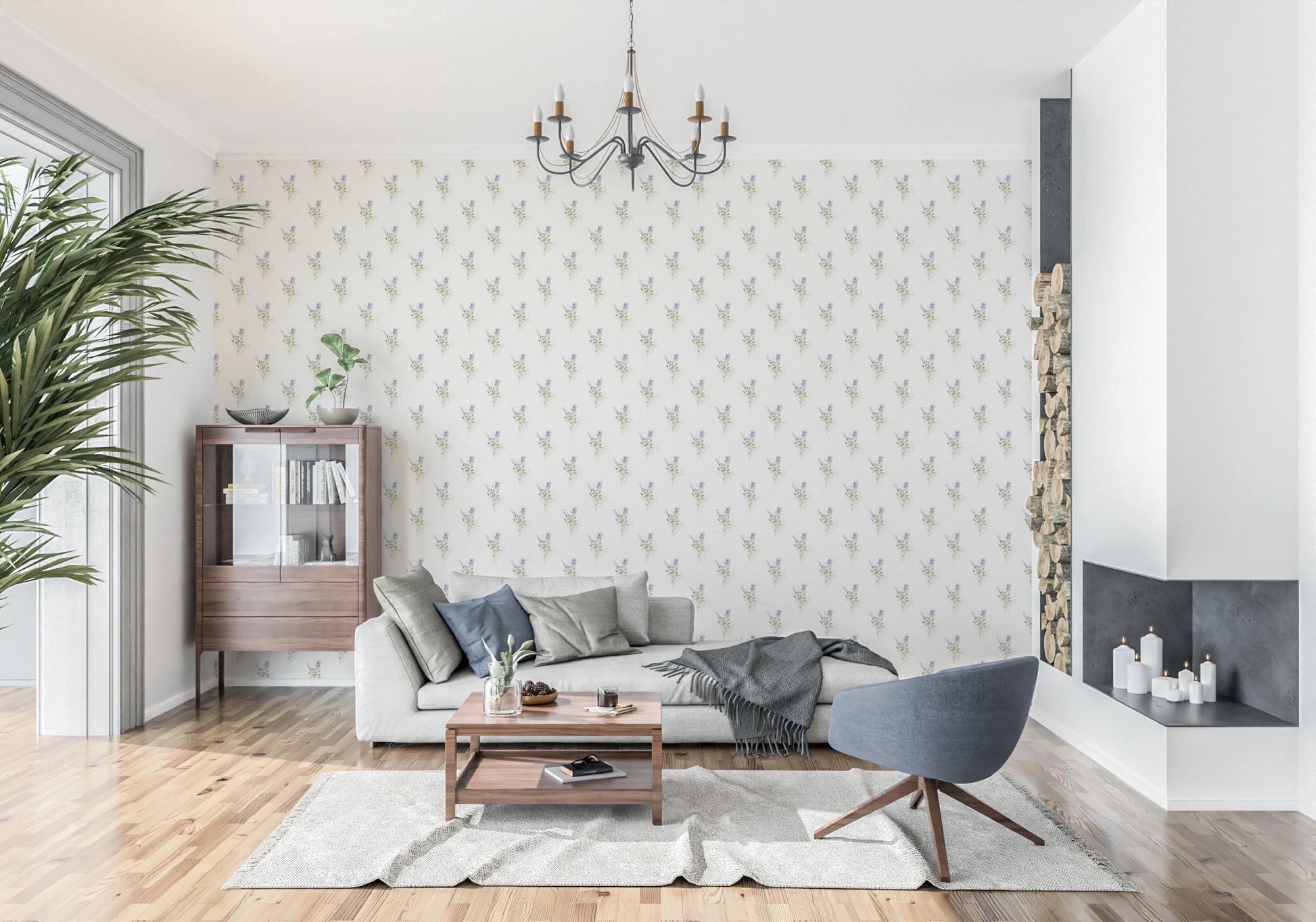 Vintage Floral Whispers wallpaper mural in a living room with a beige sofa, grey swivel chair and fireplace
