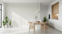 Vintage Floral Whispers wallpaper mural in a kitchen dining area with a light wood table and wishbone chairs