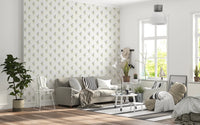 Vintage Floral Whispers wallpaper mural in a Scandi living room with a beige sofa, wire chairs and striped rug
