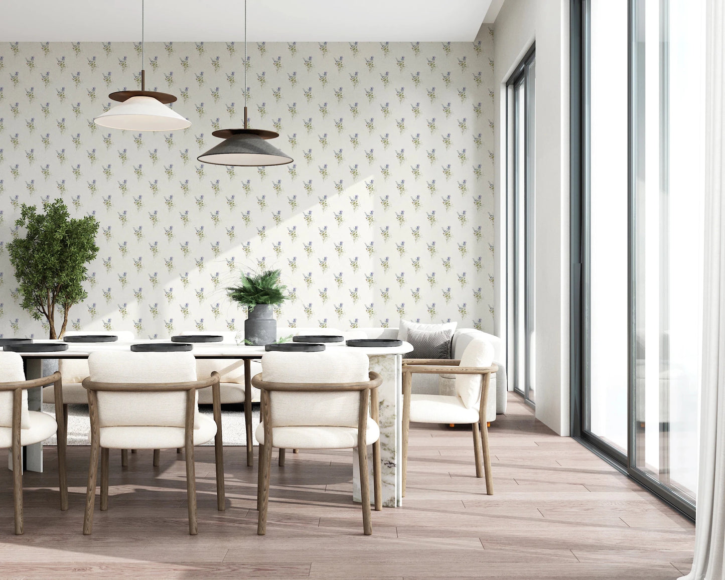 Vintage Floral Whispers wallpaper mural in a dining room with a marble table, cream chairs and tall windows