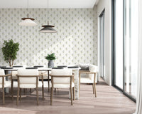 Vintage Floral Whispers wallpaper mural in a dining room with a marble table, cream chairs and tall windows