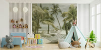 Peaceful coastal scene mural with vintage look


