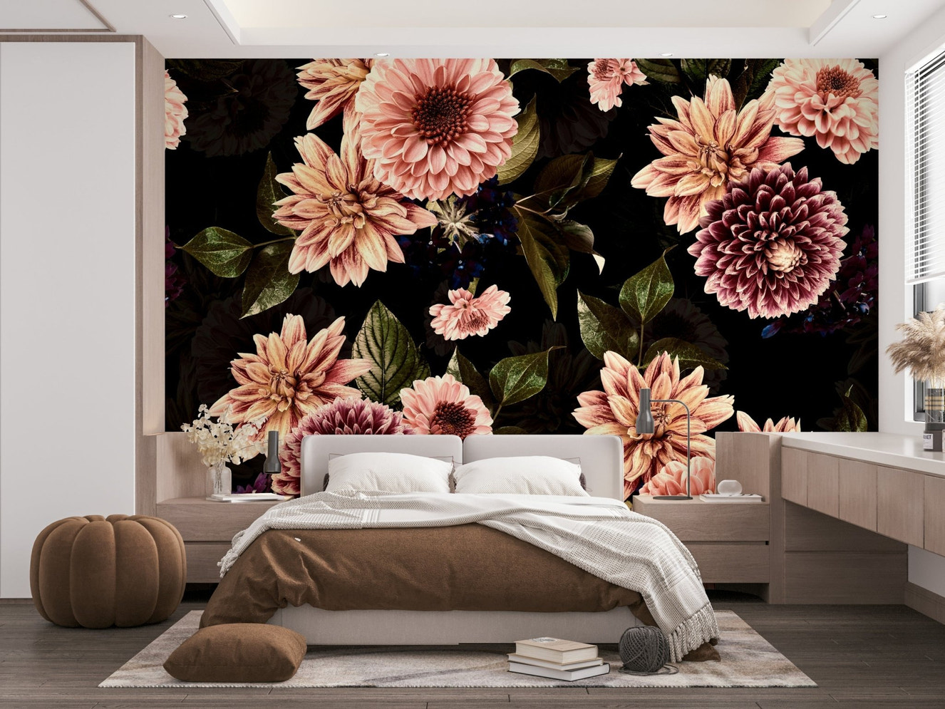 A wall mural featuring a bold, artistic floral pattern.

