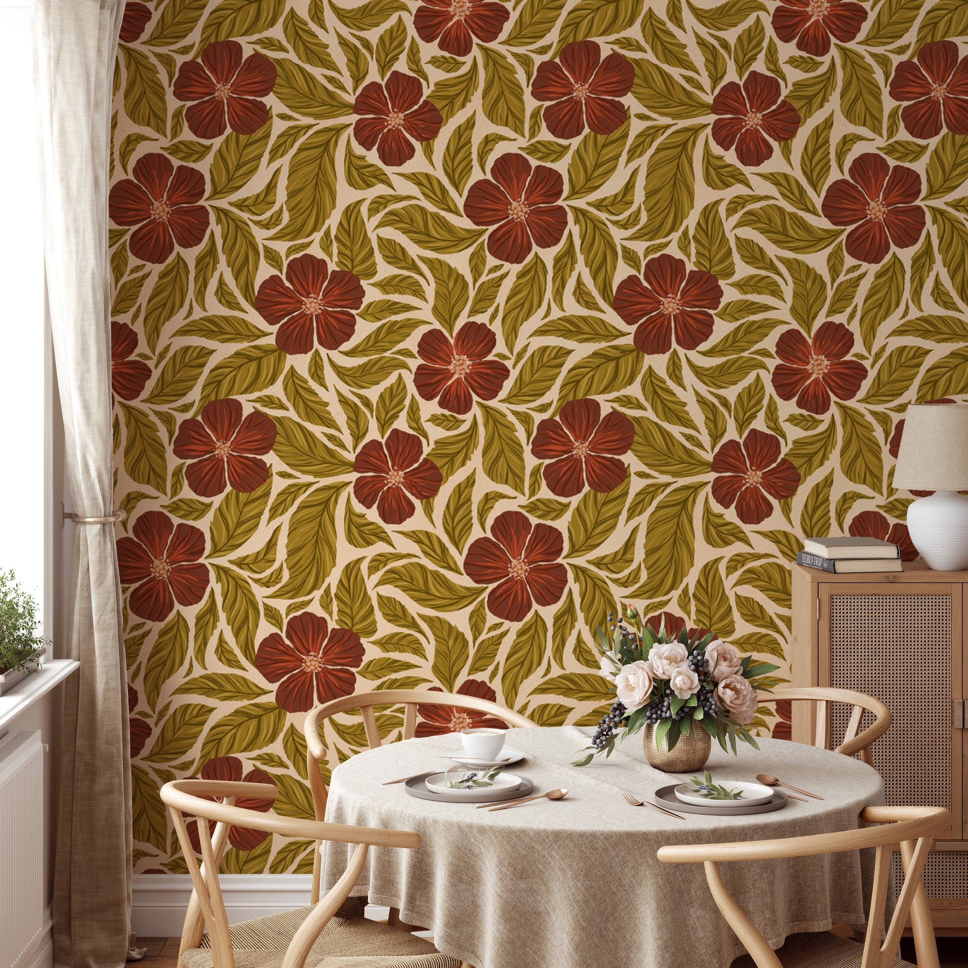 Vintage Flowers Dance wallpaper, terracotta floral vines behind a round dining table and wishbone chairs