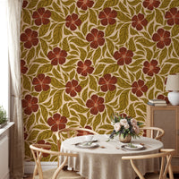 Vintage Flowers Dance wallpaper, terracotta floral vines behind a round dining table and wishbone chairs