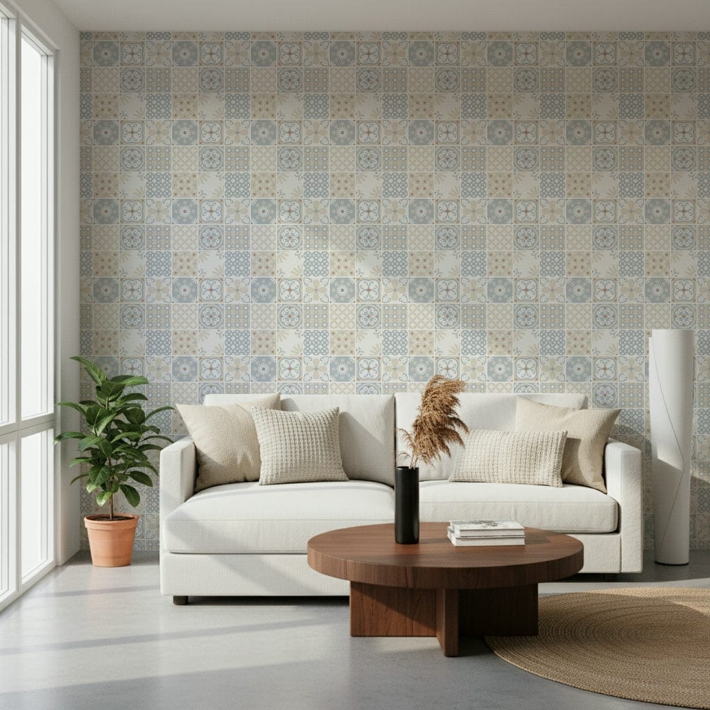Vintage Folk Tiles Blue Breeze wallpaper behind a white curved sofa and round walnut table in a living room
