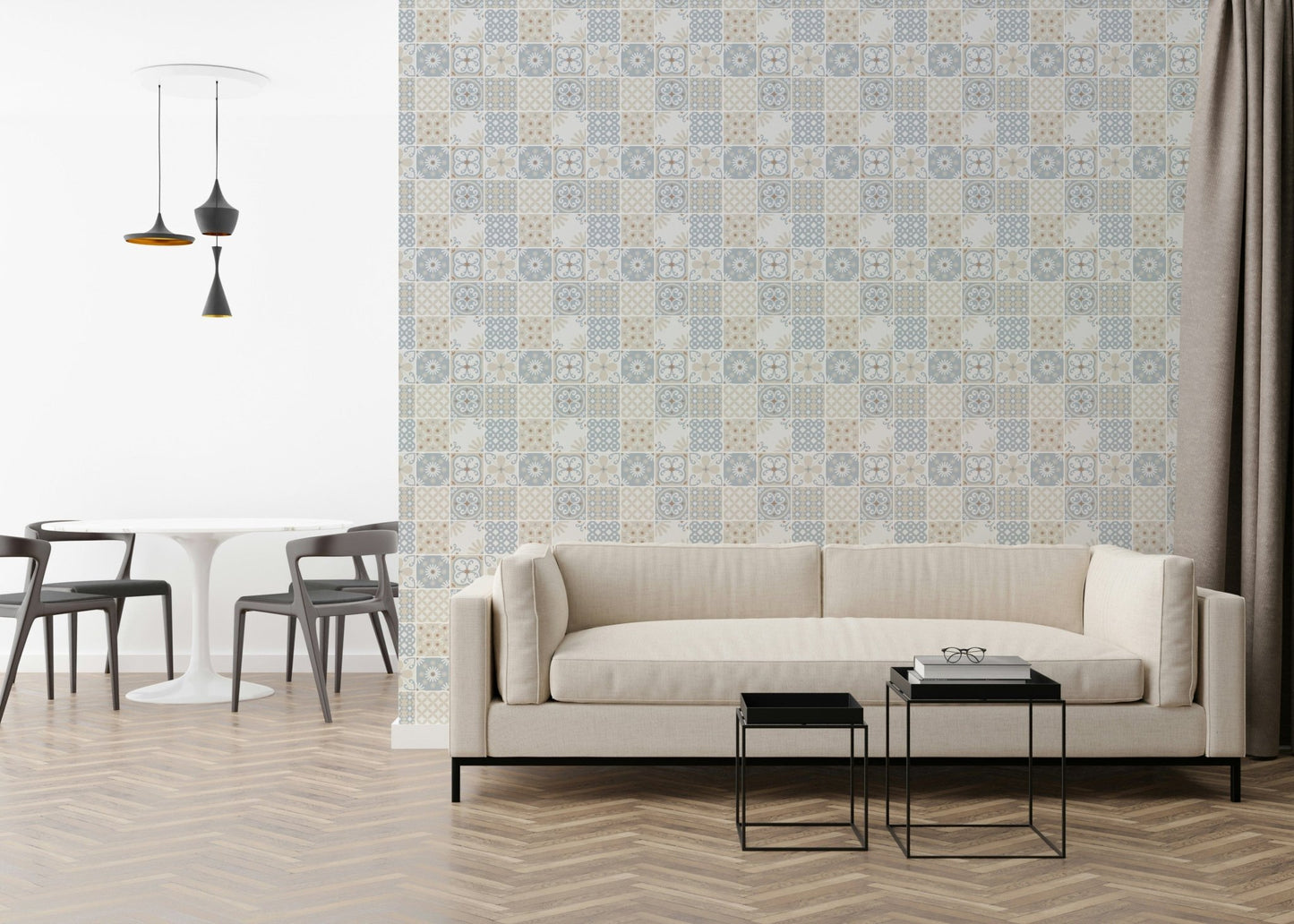 Vintage Folk Tiles – Blue Breeze Wallpaper⁠