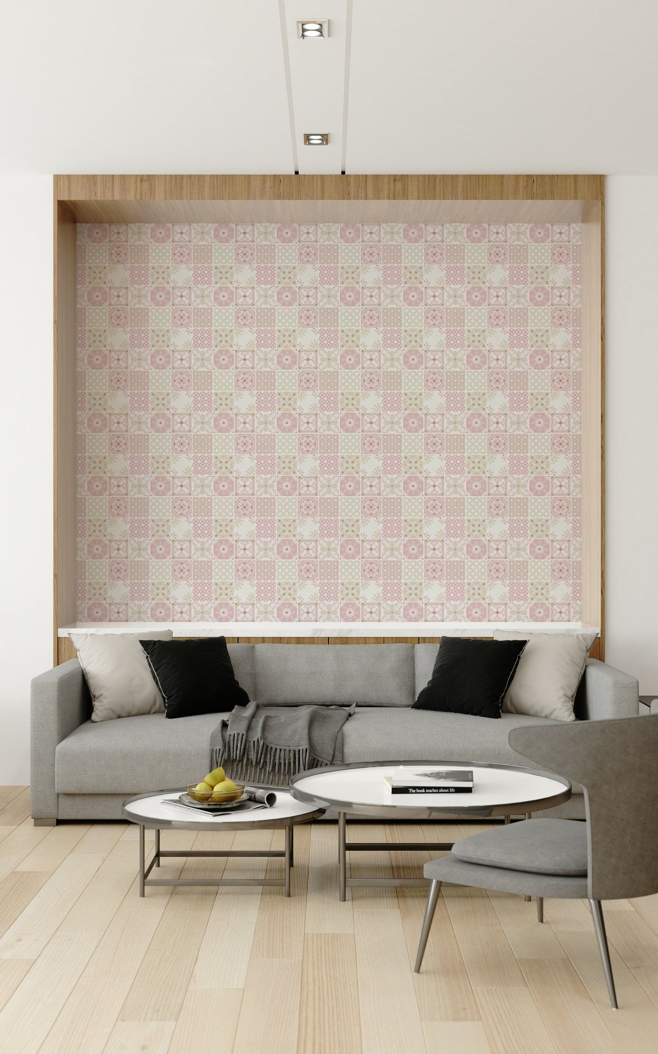 Vintage Folk Tiles – Blush Pink Wallpaper
