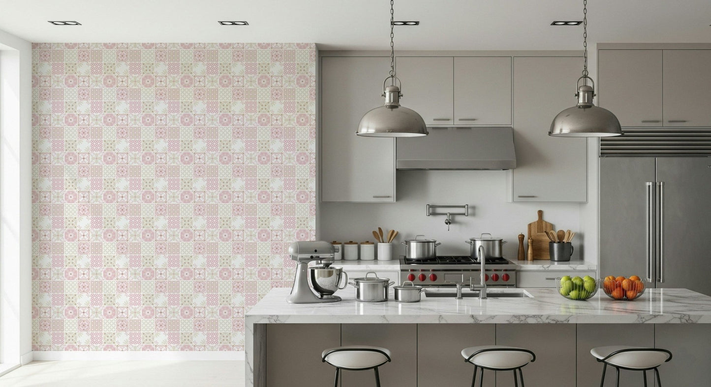 Vintage Folk Tiles – Blush Pink Wallpaper