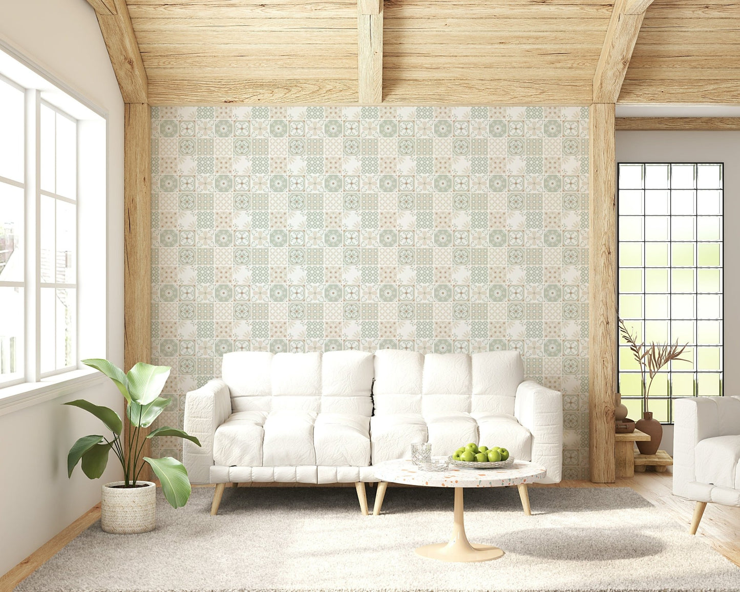 Vintage Folk Tiles Sage Green wallpaper behind a white plush sofa under a wood-beam ceiling in a living room