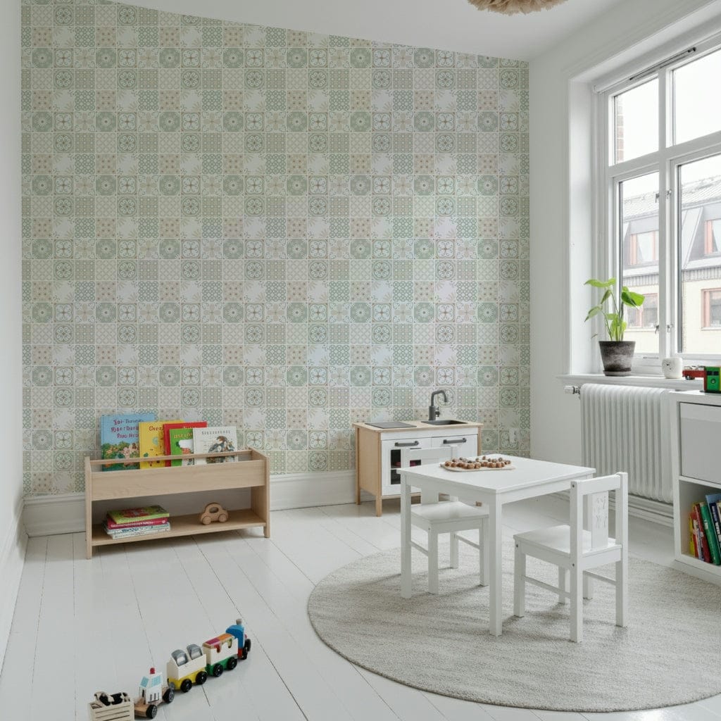 Vintage Folk Tiles Sage Green wallpaper in a kids playroom with white table, book bins and a toy train