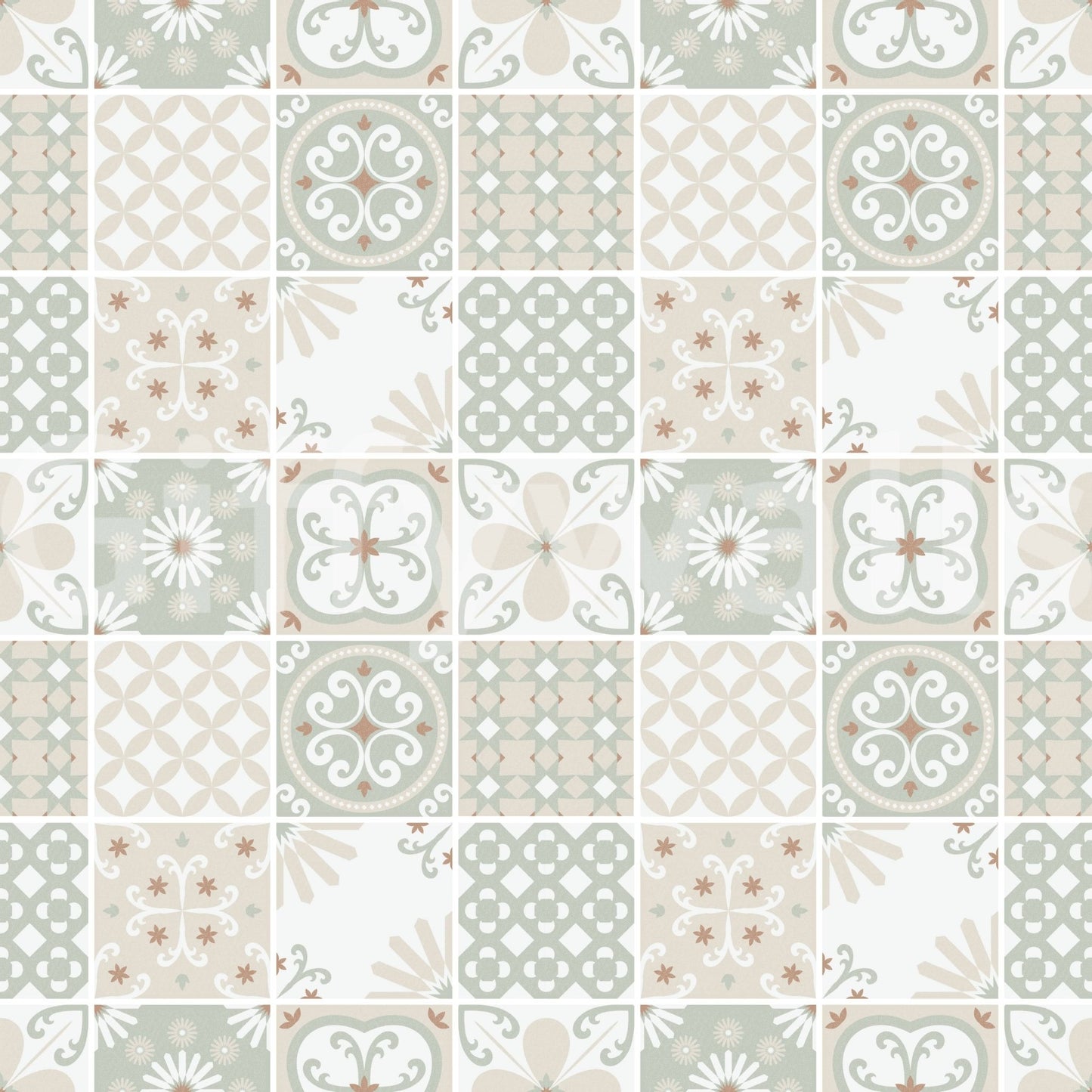 Vintage Folk Tiles Sage Green wallpaper close-up showing the green, tan and white filigree tile pattern detail