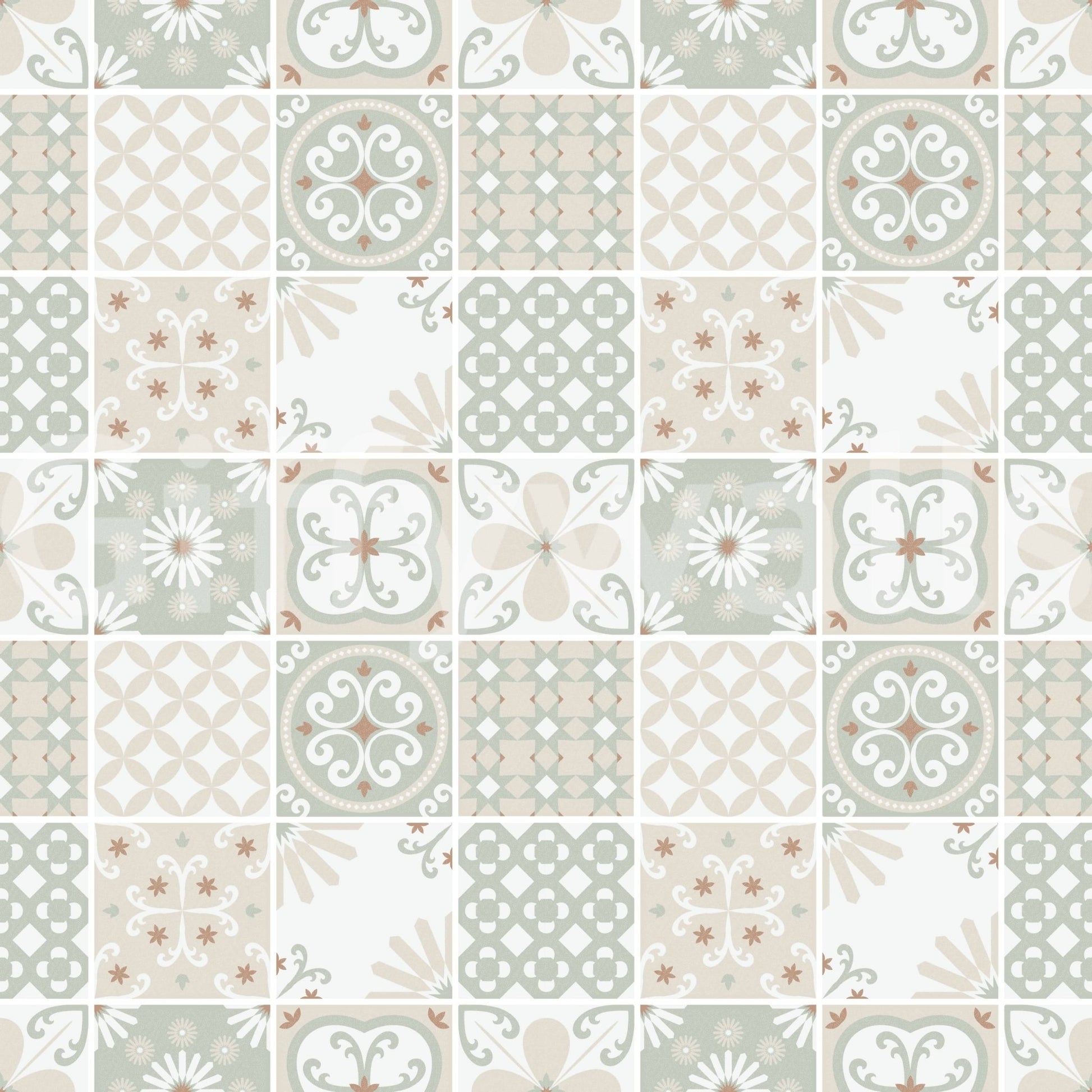 Vintage Folk Tiles Sage Green wallpaper close-up showing the green, tan and white filigree tile pattern detail
