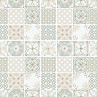 Vintage Folk Tiles Sage Green wallpaper close-up showing the green, tan and white filigree tile pattern detail