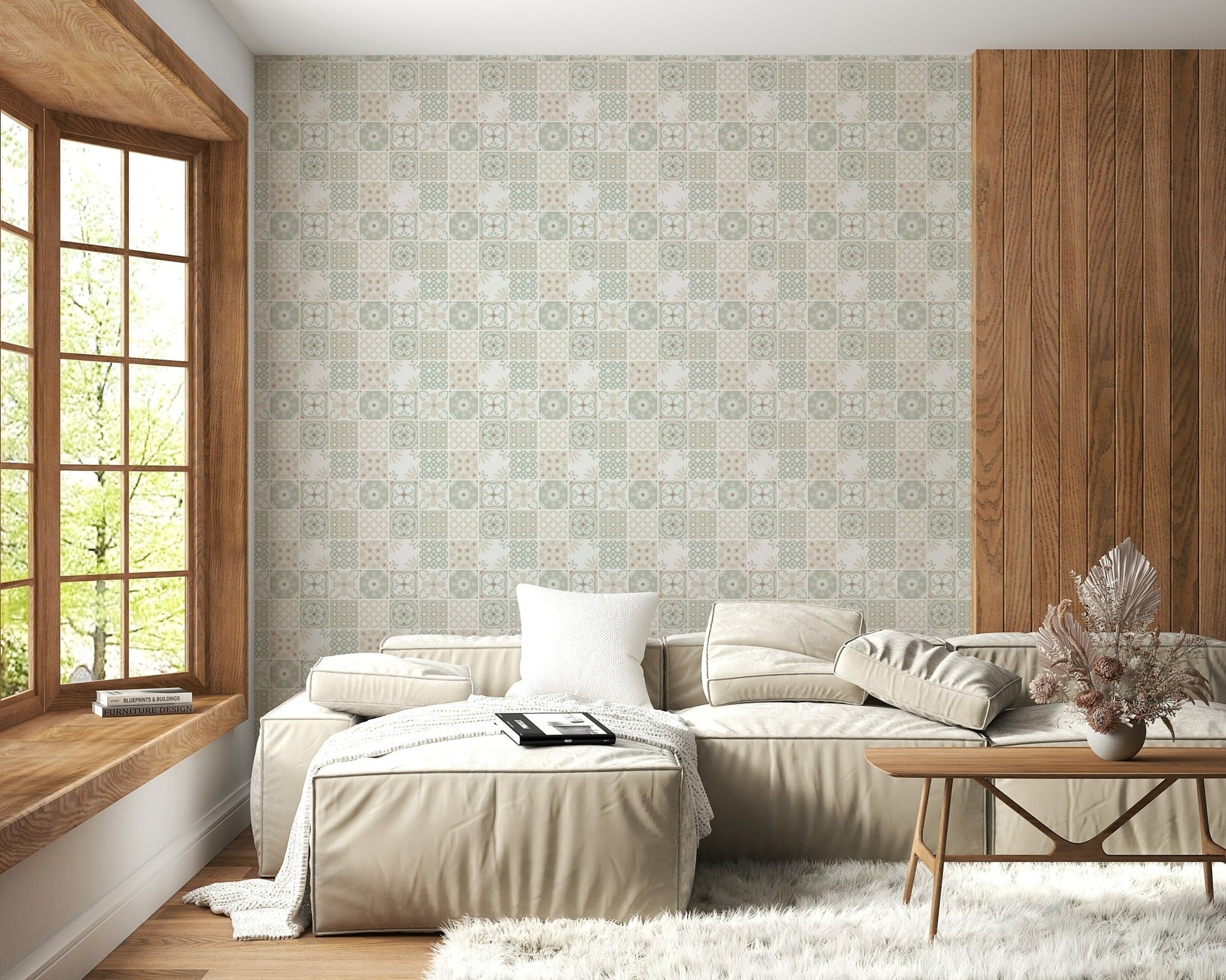 Vintage Folk Tiles Sage Green wallpaper behind a beige sectional sofa near a window seat in a living room