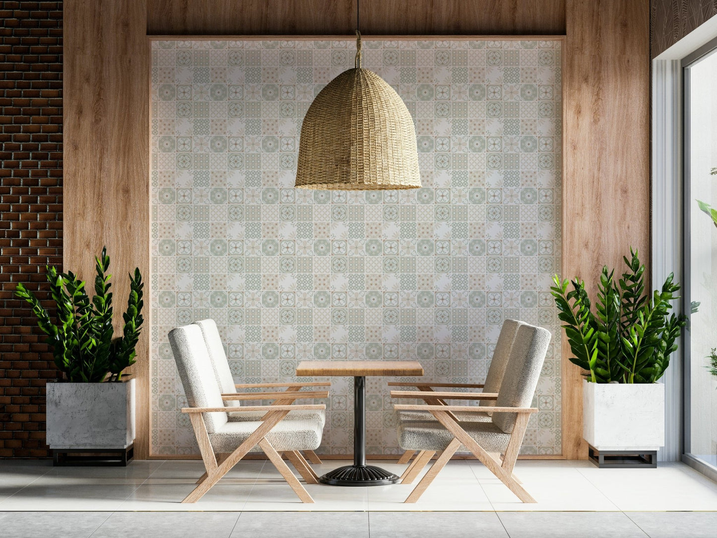 Vintage Folk Tiles Sage Green wallpaper on a wood-panel wall behind two cream armchairs under a rattan pendant