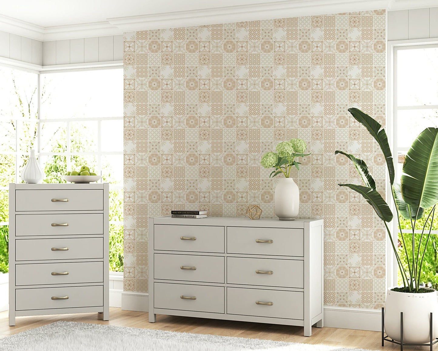Vintage Folk Tiles – Sand Beige Wallpaper