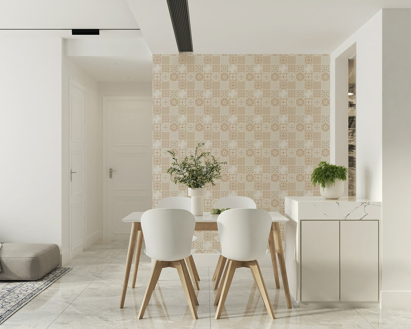 Vintage Folk Tiles – Sand Beige Wallpaper