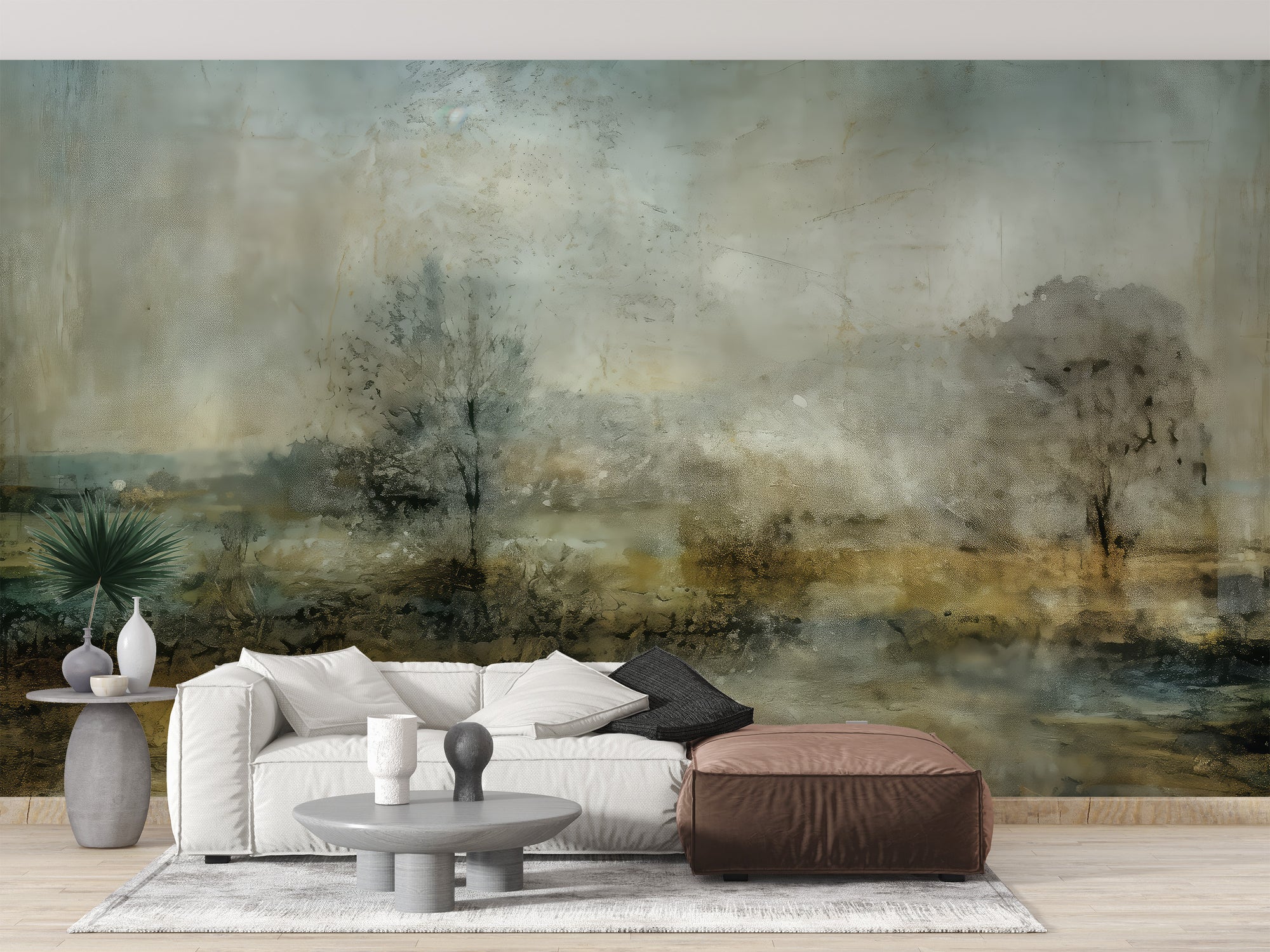 Vintage forest wallpaper mural in a living room with peel and stick material for a quick nature-themed update.